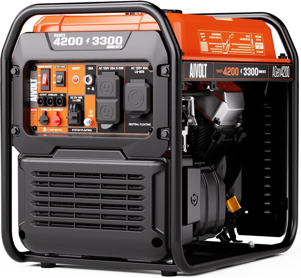 An orange and black AIVOLT open-frame inverter generator in a black tube frame, printed 4200 peak and 3300 running watts